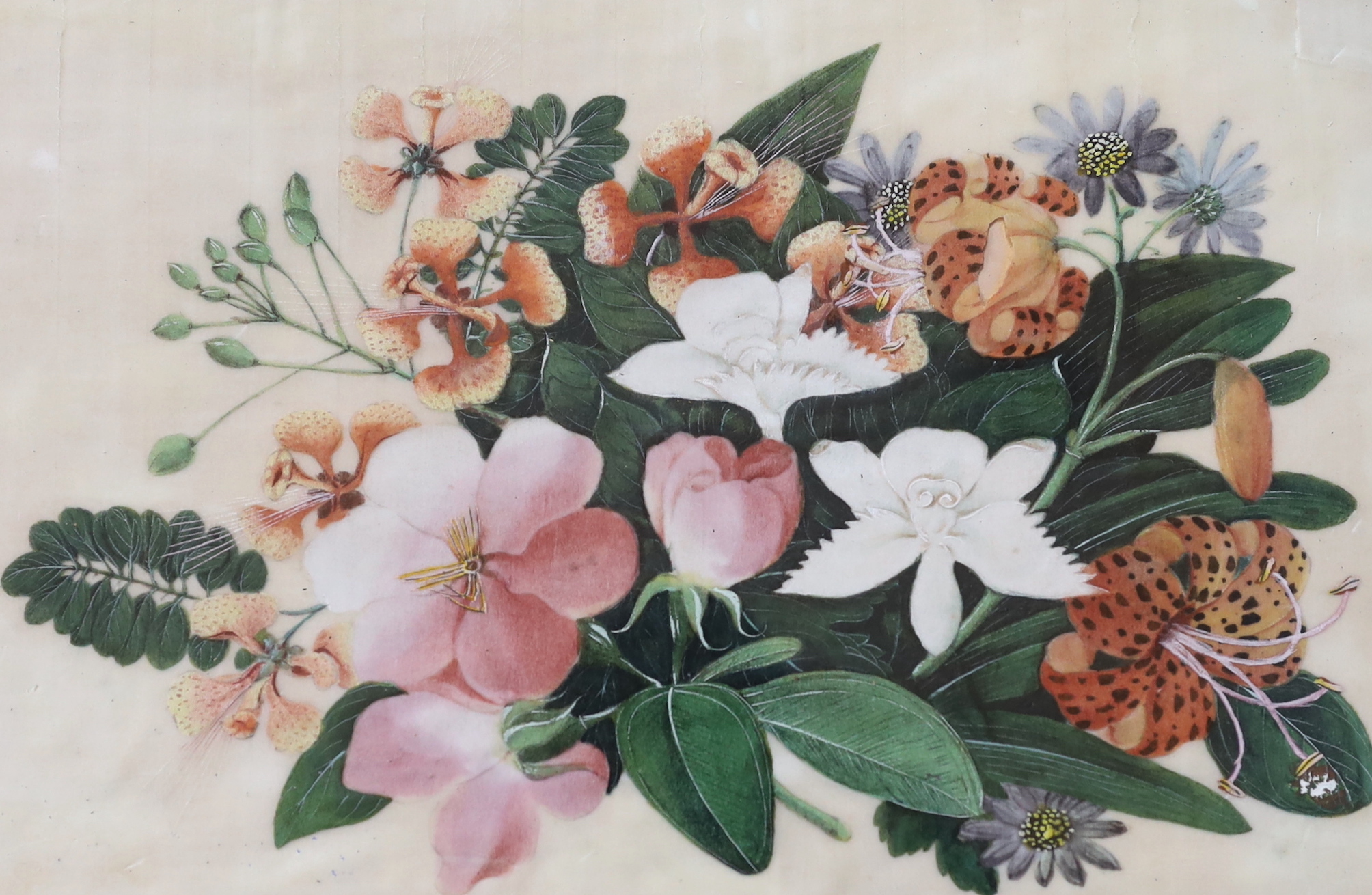 A pair of Chinese pith paper paintings, still life’s of flowers, 17 x 27cm
